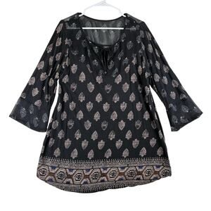 Lucky Brand 3/4 Bell Sleeve Tunic Top Women's 2X Plus Peasant Boho Damask Linen